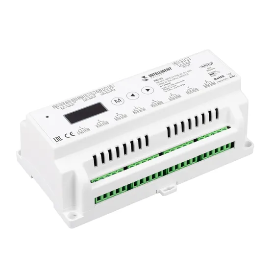 Фото товара INTELLIGENT ARLIGHT Релейный модуль SMART-SWITCH-708-82-D2-DIN (230V, 8x10A, DALI, DMX512) (IARL, IP20 Пластик, 5 лет)