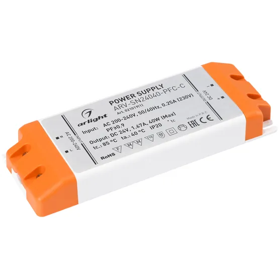 Фото товара Блок питания ARV-SN24040-PFC-C (24V, 1.67A, 40W) (Arlight, IP20 Пластик, 3 года)