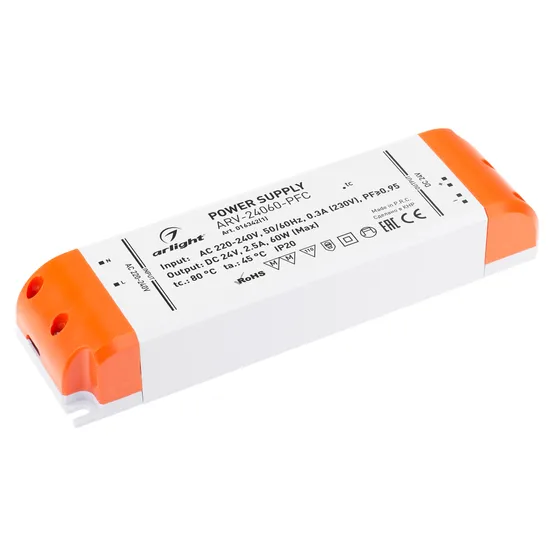 Фото товара Блок питания ARV-24060-PFC (24V, 2.5A, 60W) (Arlight, IP20 Пластик, 2 года)