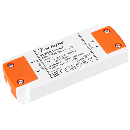 Фото #1 товара Блок питания ARV-SN24020-FLAT-B (24V, 0.83A, 20W) (Arlight, IP20 Пластик, 3 года)