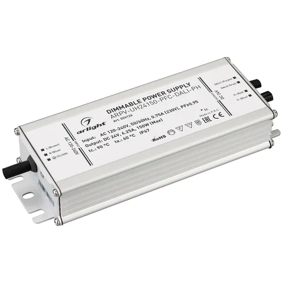 Фото #1 товара Блок питания ARPV-UH24150-PFC-DALI-PH (24V, 6.3A, 150W) (Arlight, IP67 Металл, 7 лет)