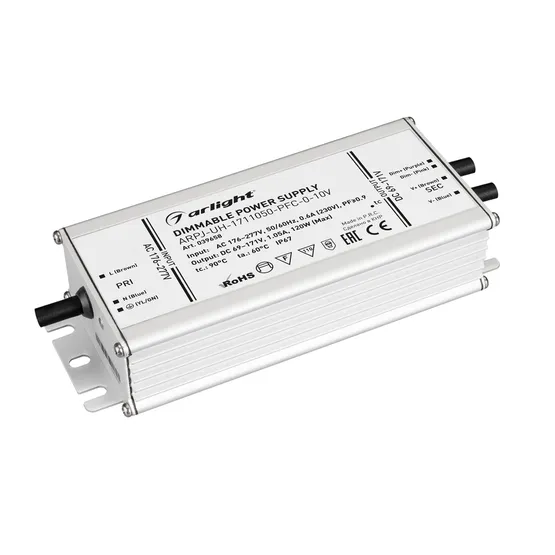 Фото товара Блок питания ARPJ-UH-1711050-PFC-0-10V (120W, 69-171V, 1.05A) (Arlight, IP67 Металл, 7 лет)