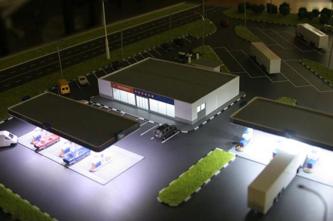 Презентационный градостроительный макета АЗС со светодиодным освещением Презентационный градостроительный макета АЗС со светодиодным освещением